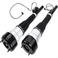 Pair of rear air suspension struts with black bellows and attached electrical wiring