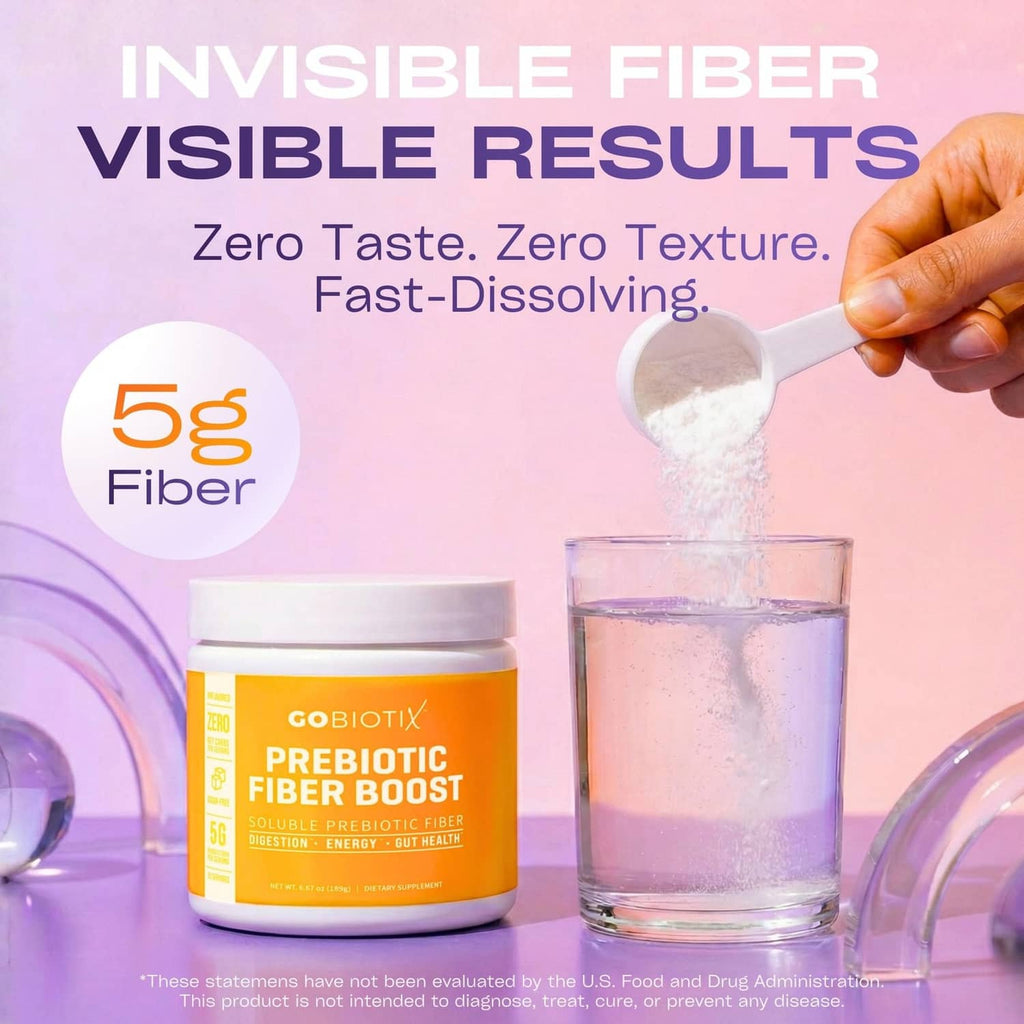 Prebiotic fiber boost jar with powder being poured into water, 5g fiber claim