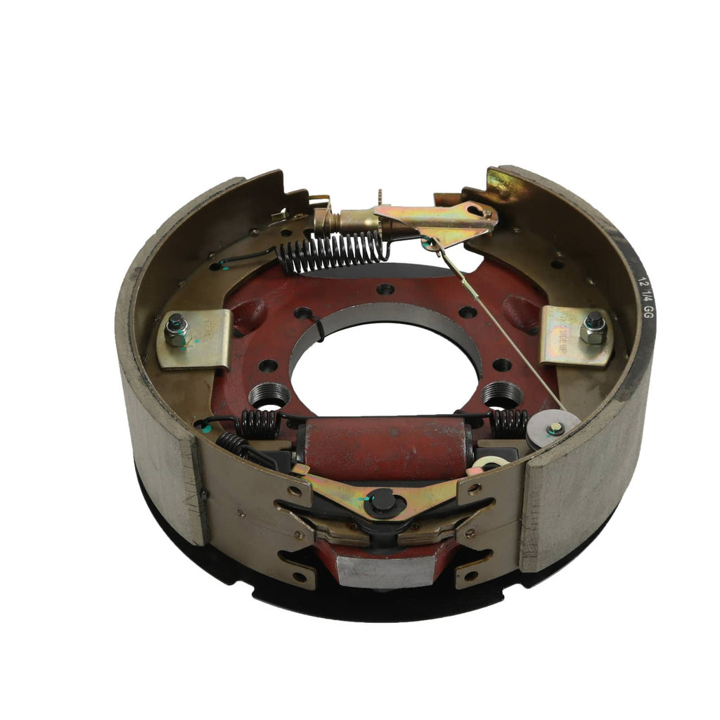 Hydraulic trailer brake drum assembly viewed at an angle, showing springs and levers