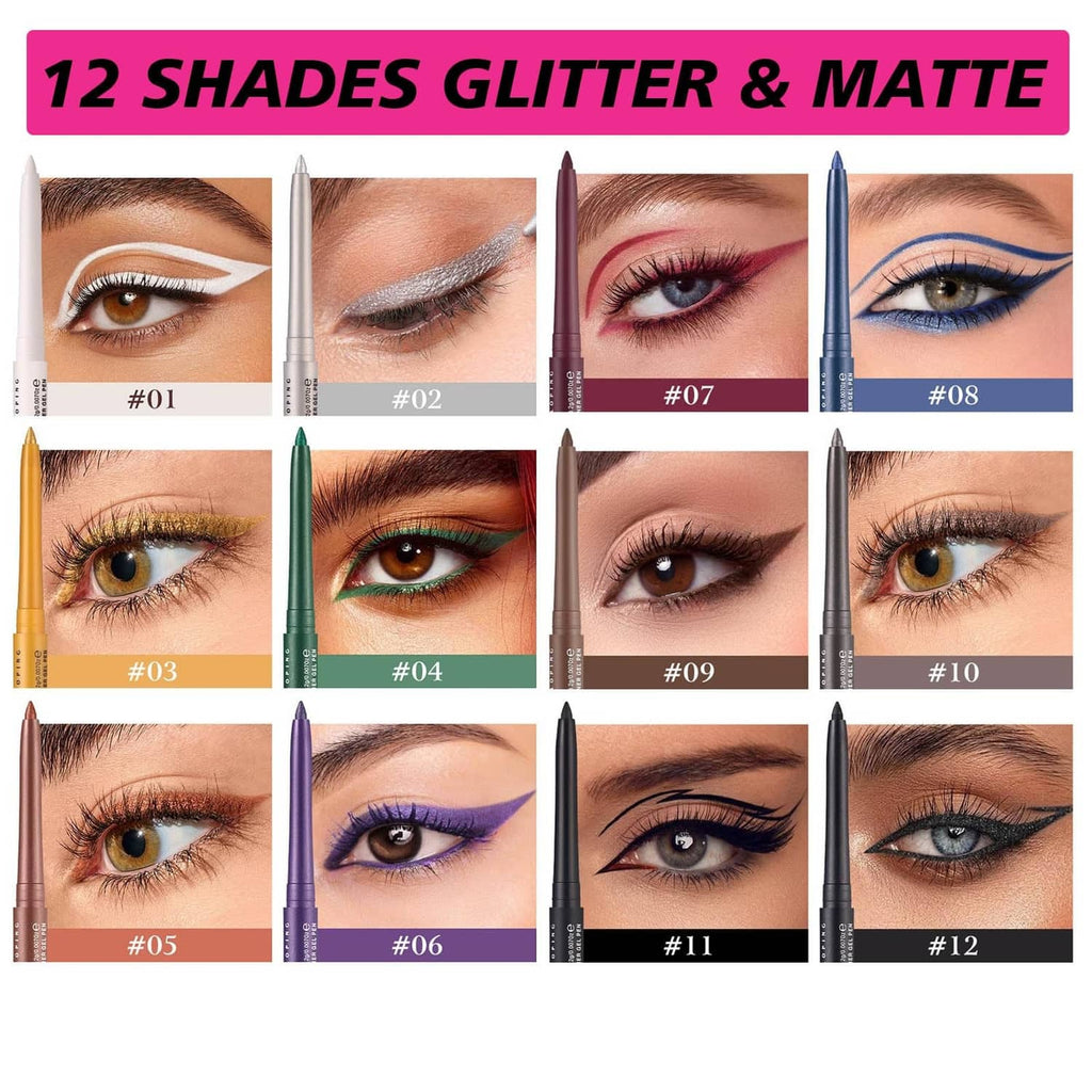12-shade glitter and matte eyeliner pencil set, showing blue liner shade #08