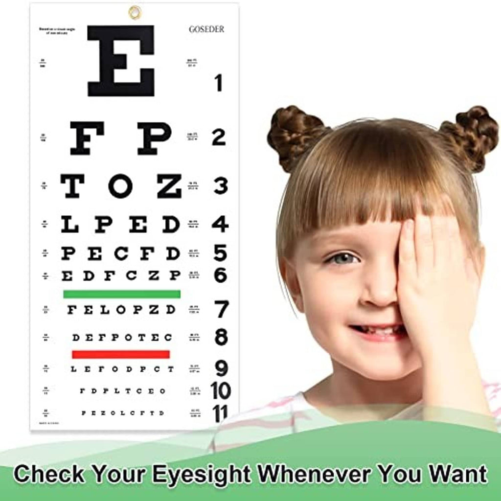 Snellen eye chart sheet with black letters and numbers 1 to 11 on white background