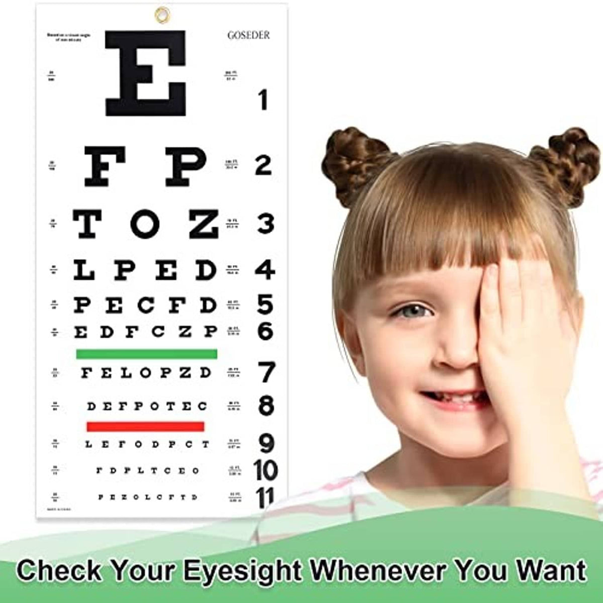Snellen eye chart sheet with black letters and numbers 1 to 11 on white background
