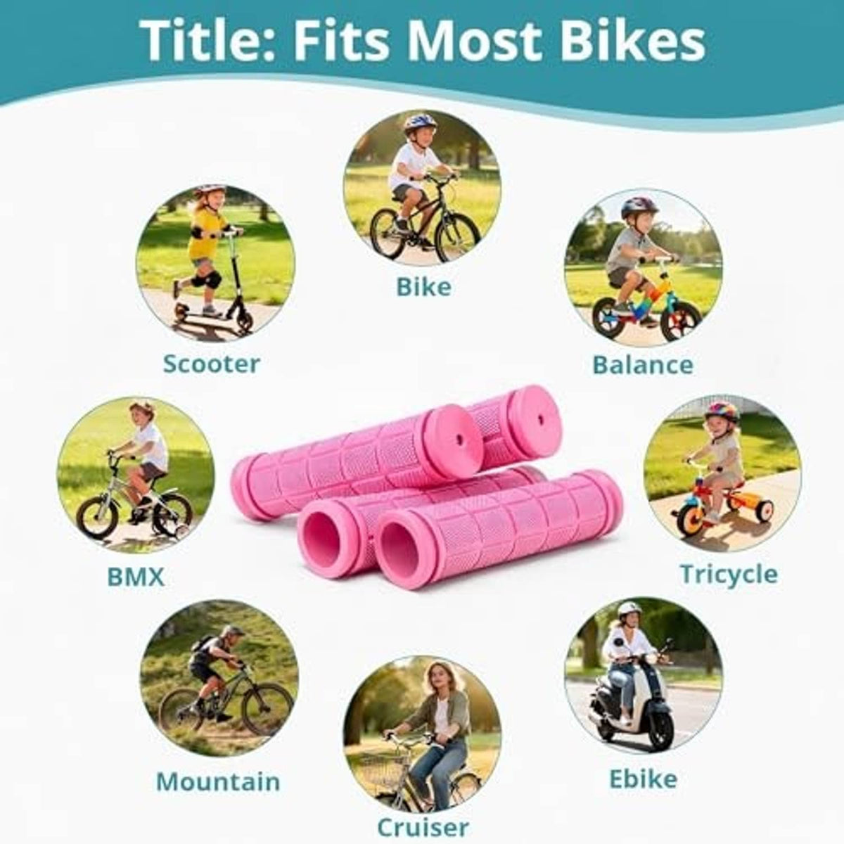 Two pink rubber handlebar grips laid flat, textured with rounded end caps