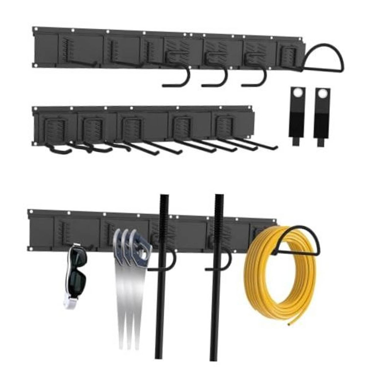 Black wall-mounted tool organizer rail with multiple hanging hooks and storage slots