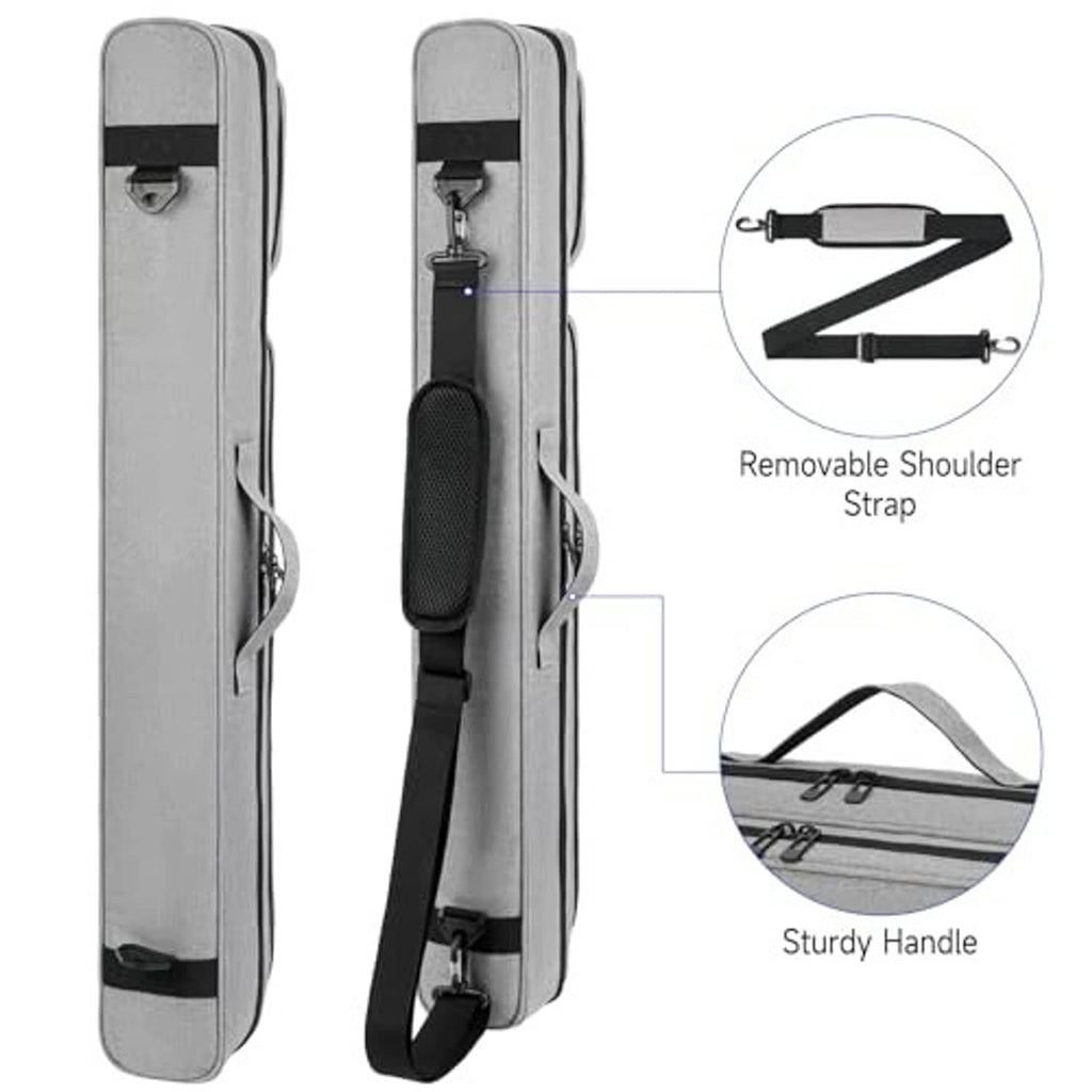 Grey pool cue case with removable shoulder strap, padded handle, end zip closure