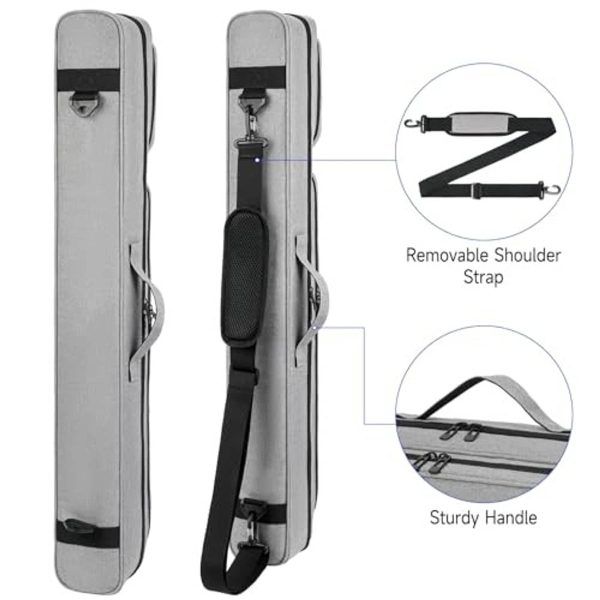 Grey pool cue case with removable shoulder strap, padded handle, end zip closure