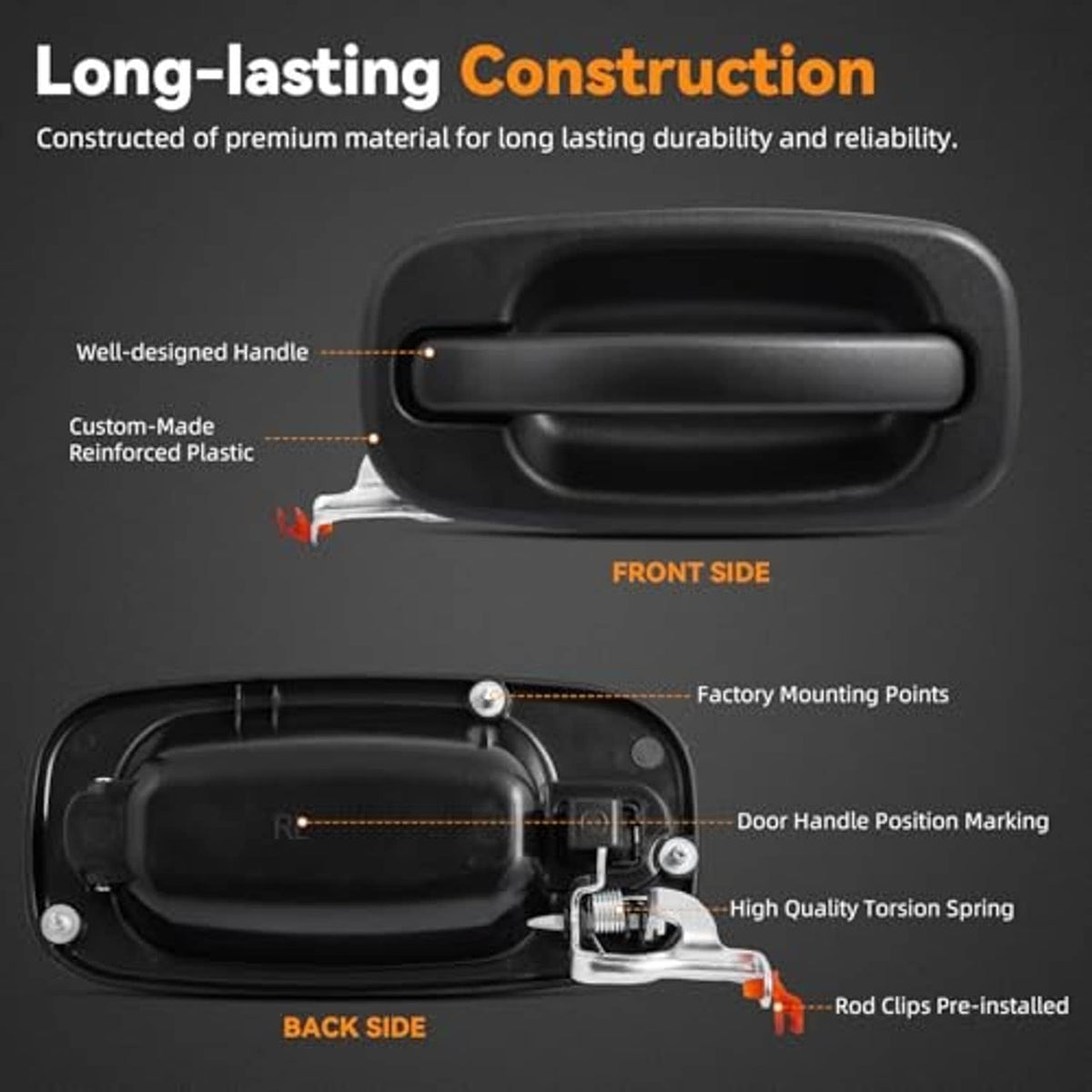 Textured black exterior door handle showing reinforced plastic, grip, and mounting points