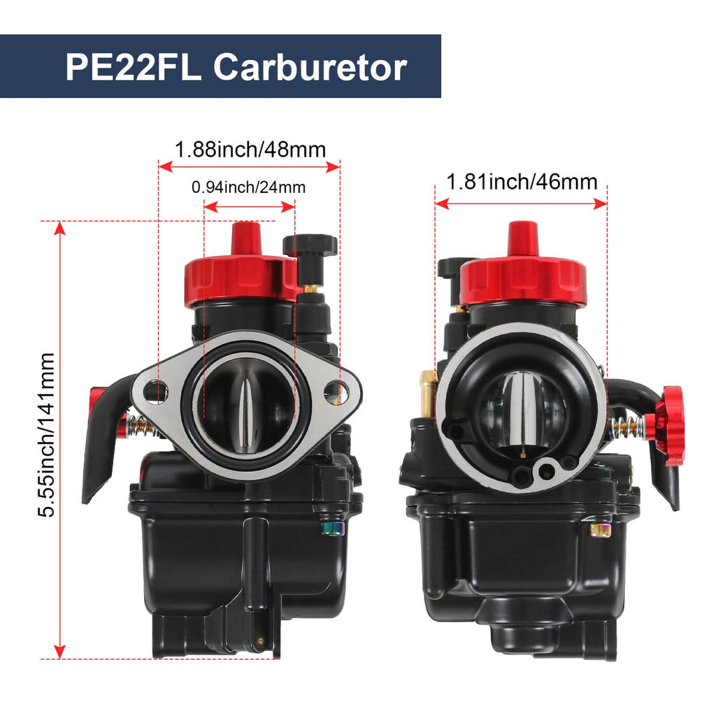 PE22FL carburetor with red top cap, front and side views with size markings