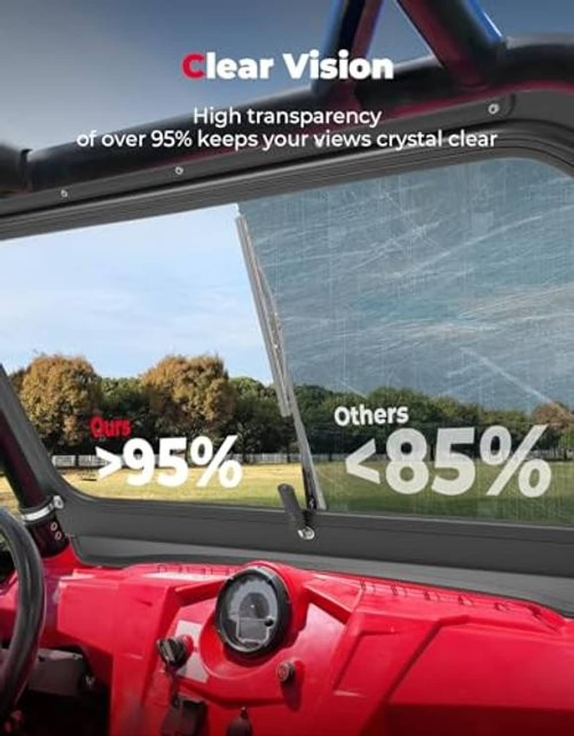 Clear UTV front windshield panel with black frame for high-visibility road viewing.