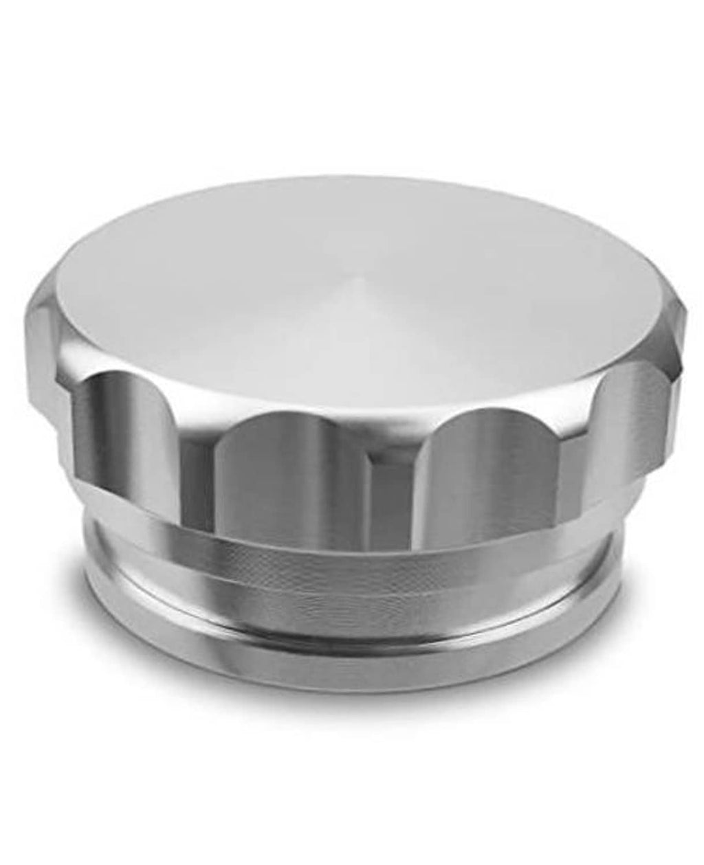 Silver aluminum fuel filler cap with scalloped grip edges and flat top opening