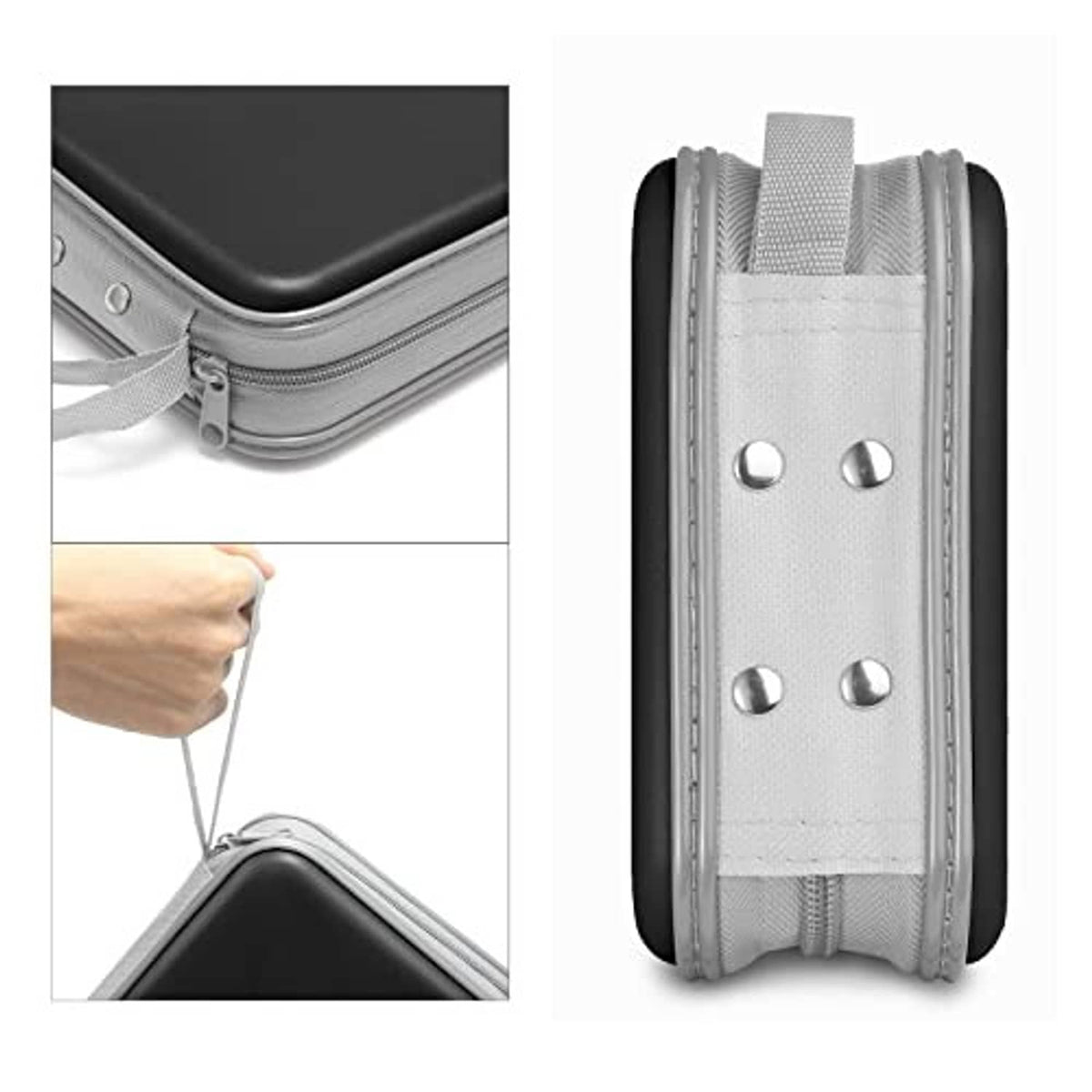 Black CD/DVD case with gray elastic sleeve pockets and metal button rivets