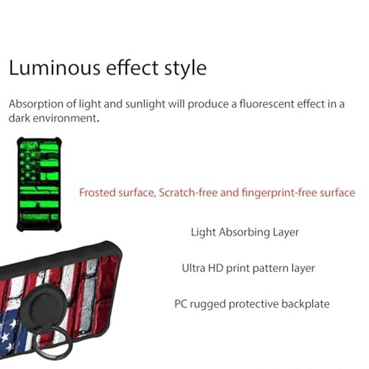 American flag phone case with luminous green panel and frosted scratch-resistant look