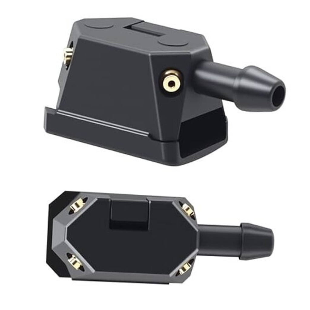 Universal windshield washer nozzle arm, black 9mm 4-way jet pair, angled view.