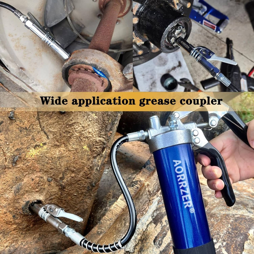 Blue grease gun connected to silver coupler with hose for servicing machinery