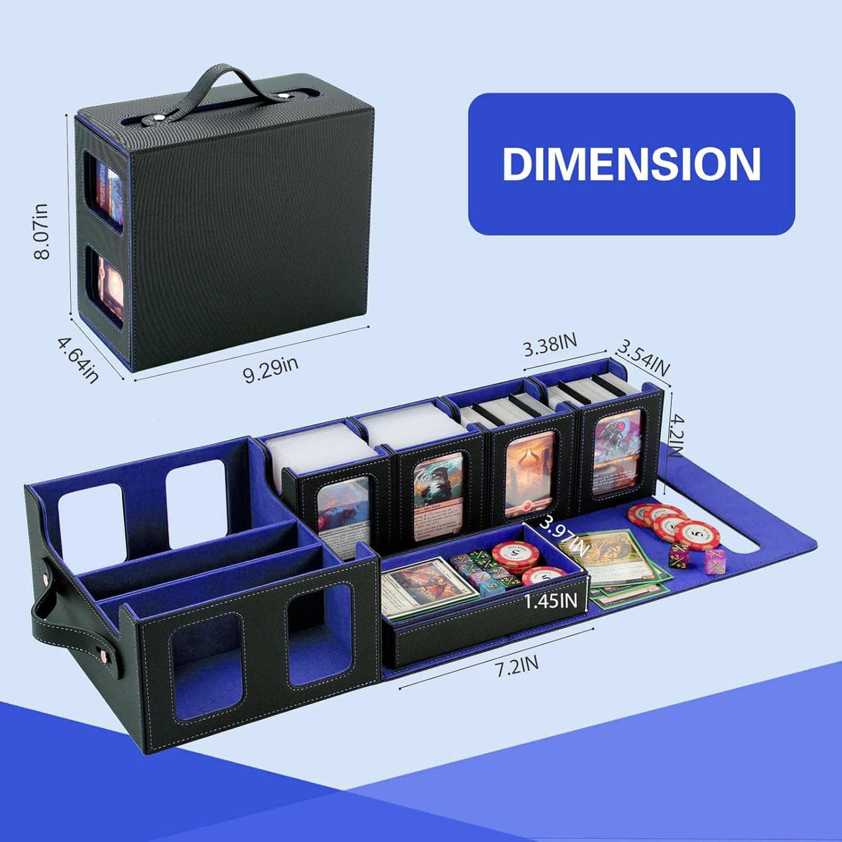 Blue and black card deck box on side view, showing compartment layout and dimensions.