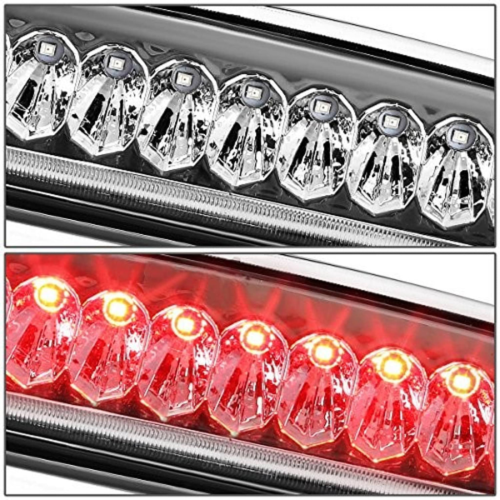 Close-up of chrome LED third brake light with clear lens and red glow