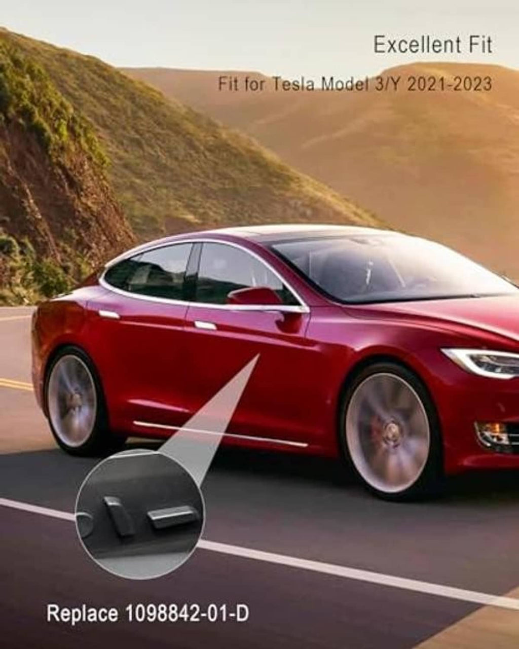 Black seat adjustment button replacement shown in inset on red car.