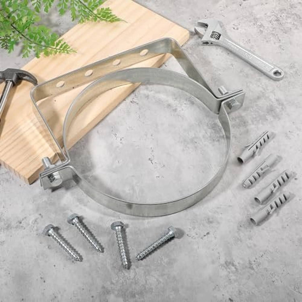 Stainless steel split-ring pipe hanger kit with screws, anchors, and U-mount bracket