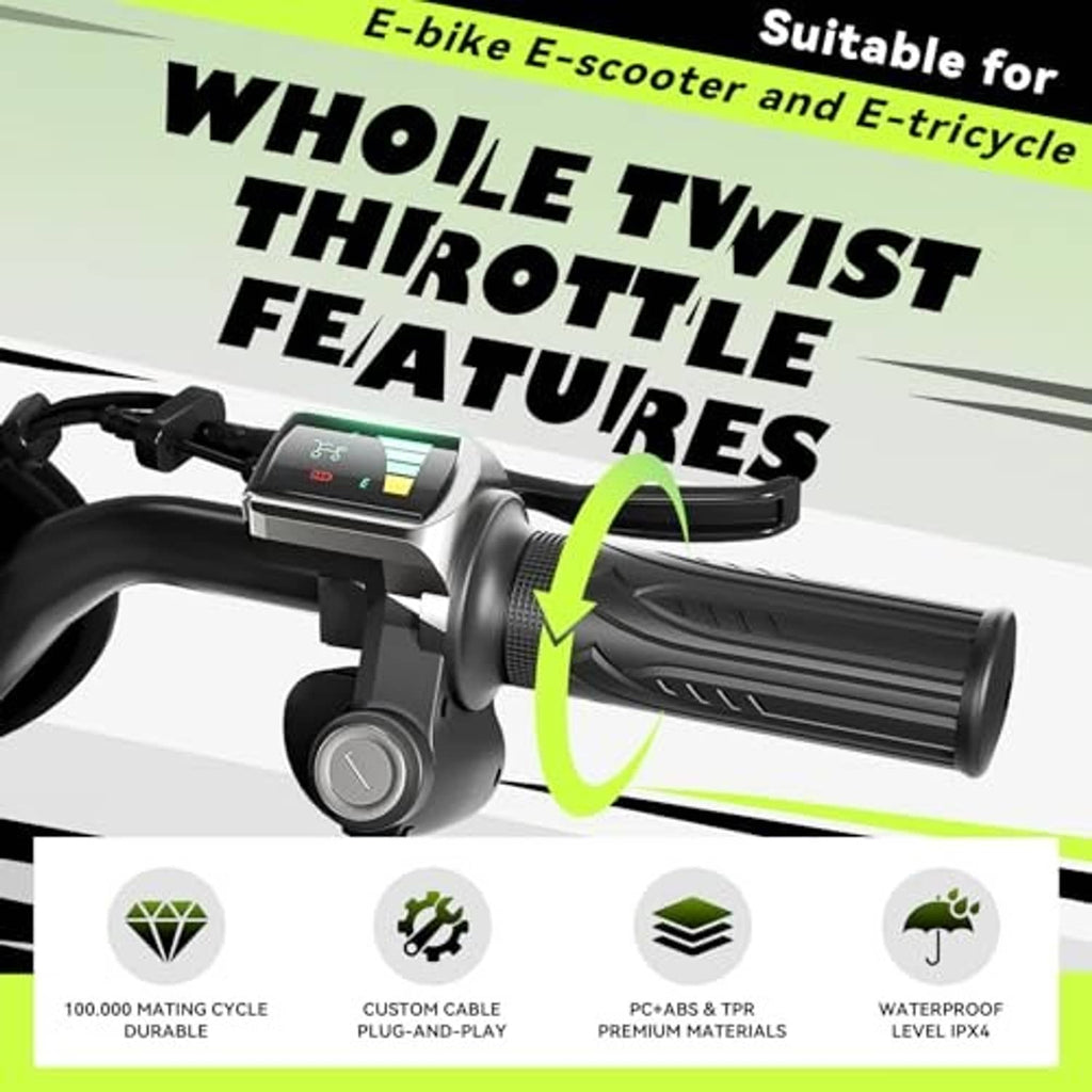 Black e-bike half-twist throttle with LED display mounted on handlebar