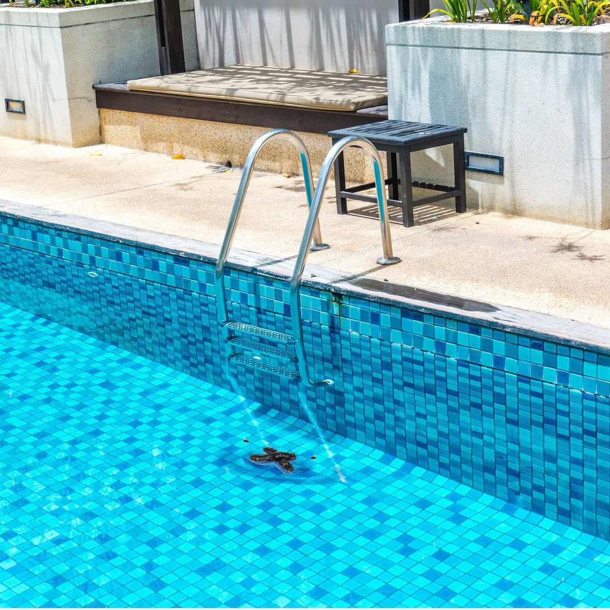 Realistic fake poop pieces floating in a swimming pool