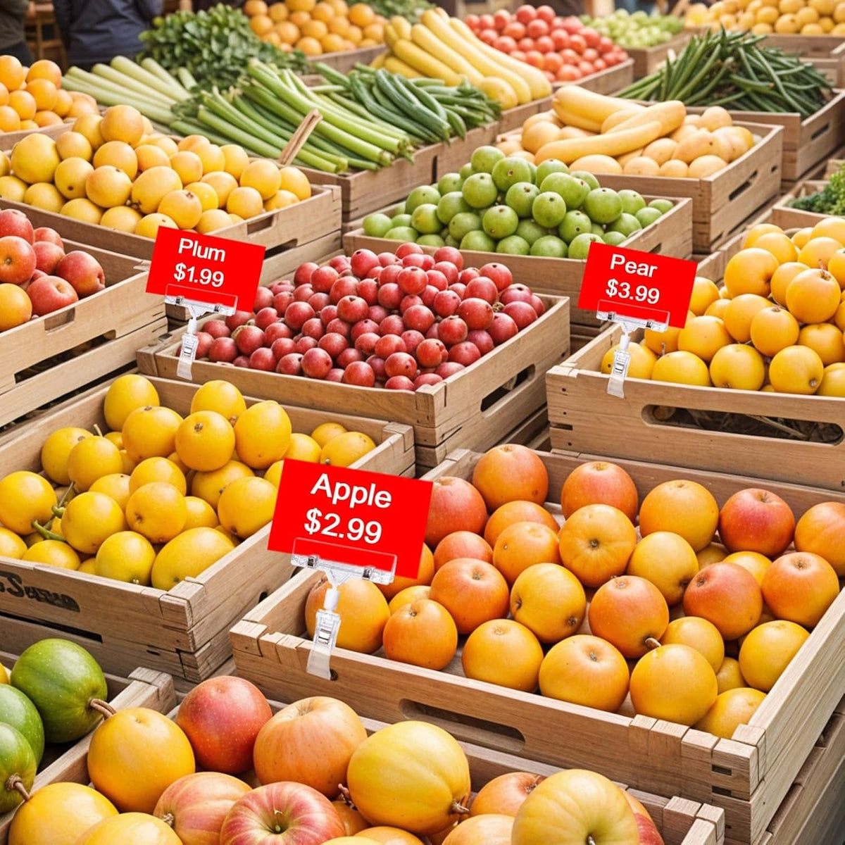 Clear sign holder clips holding price labels on wooden fruit display crates
