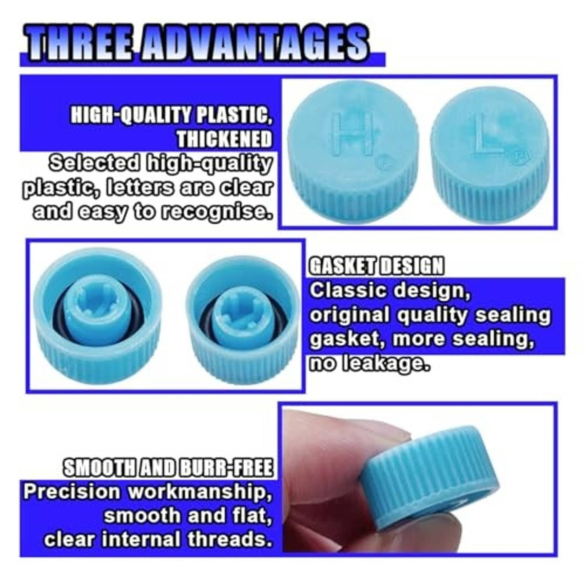 Two blue A/C valve caps with visible gasket and smooth inner threads