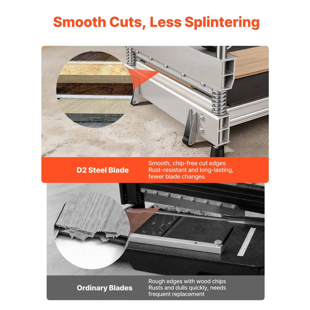Steel blade floor cutter with fence and base for smooth, low-splinter cuts