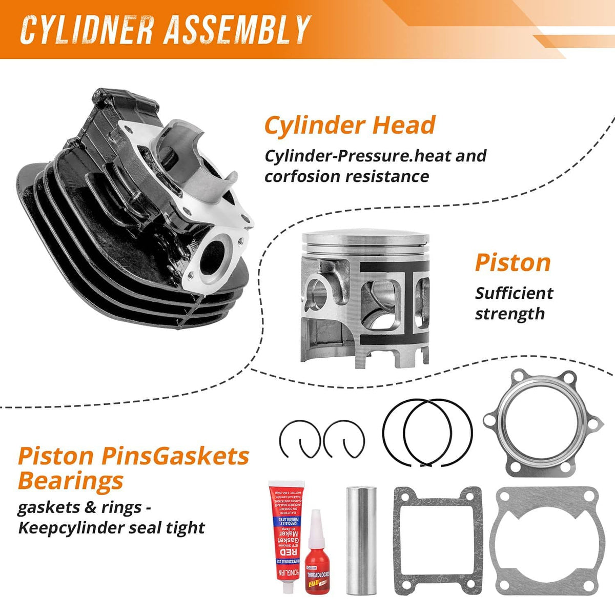Cylinder assembly top end kit with cylinder head, piston, rings, and gaskets