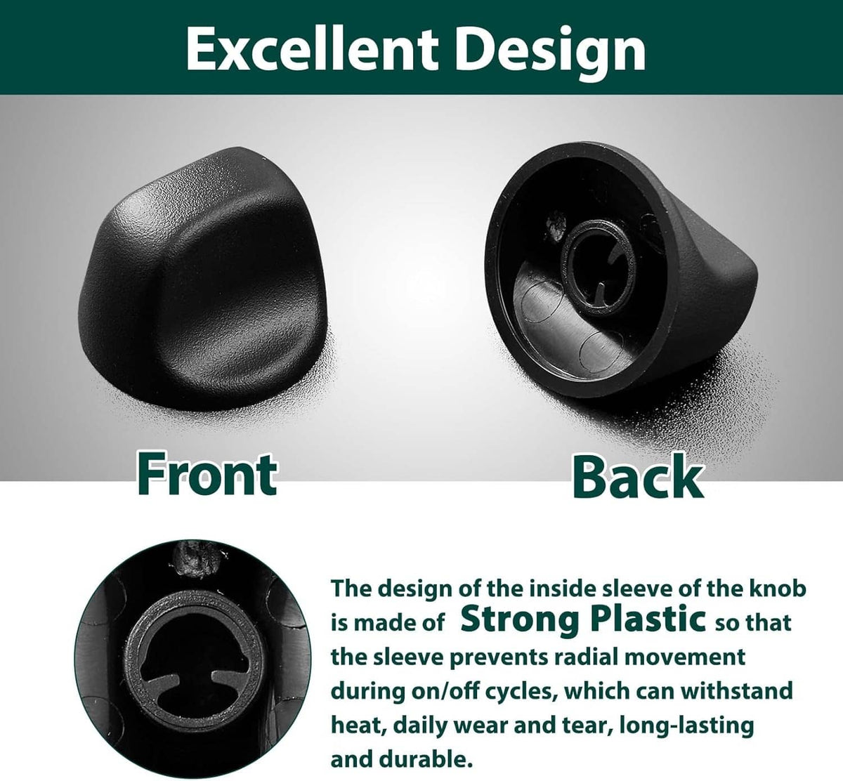 Black range hood replacement knob showing front and back sleeve details