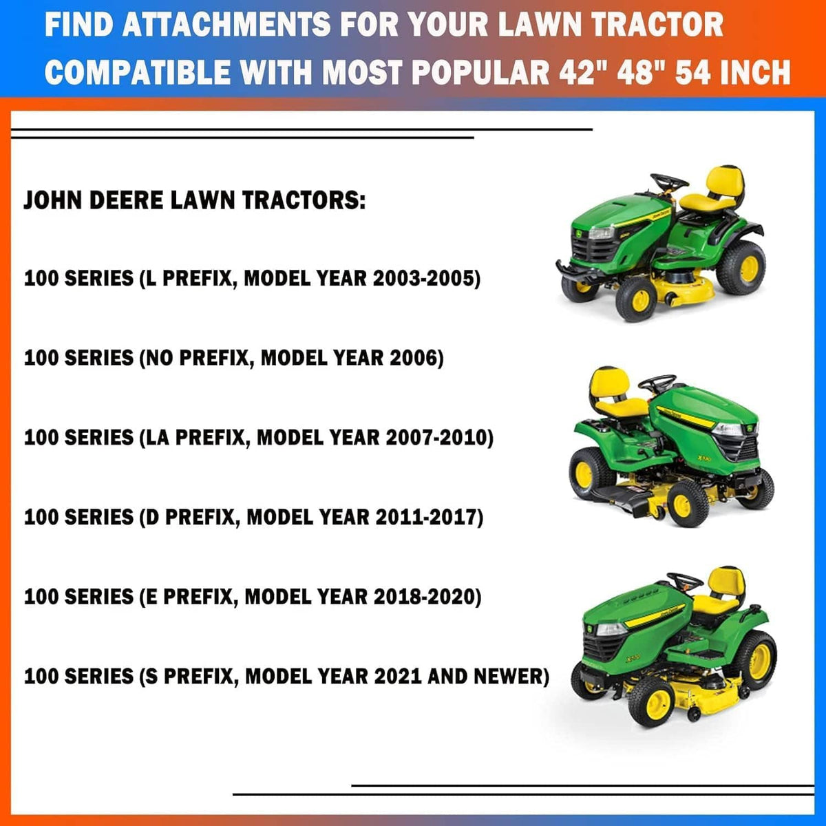 Lawn tractor compatibility chart featuring John Deere lawn tractors with listed model series