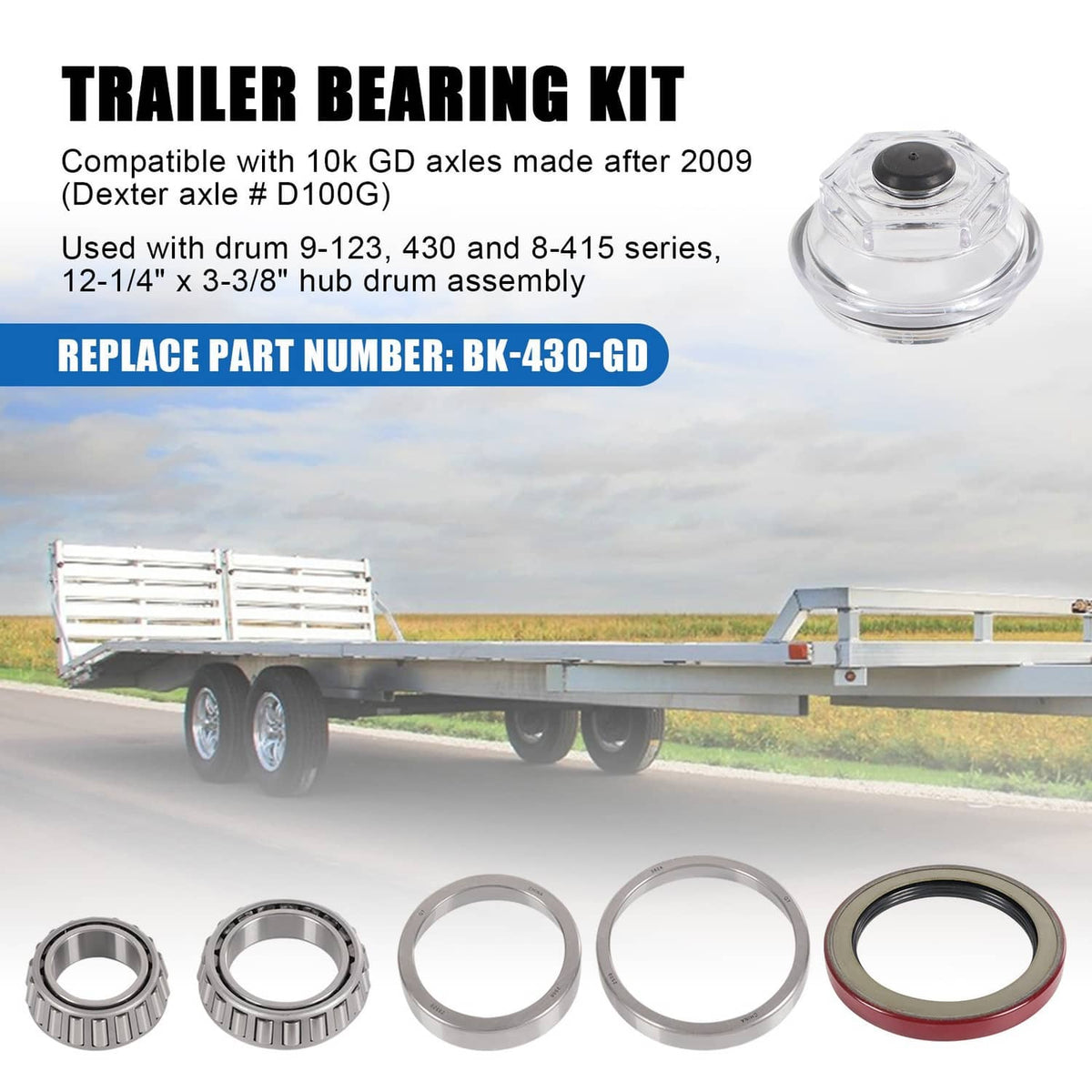 Trailer bearing kit components: bearings, grease seal, and clear oil cap