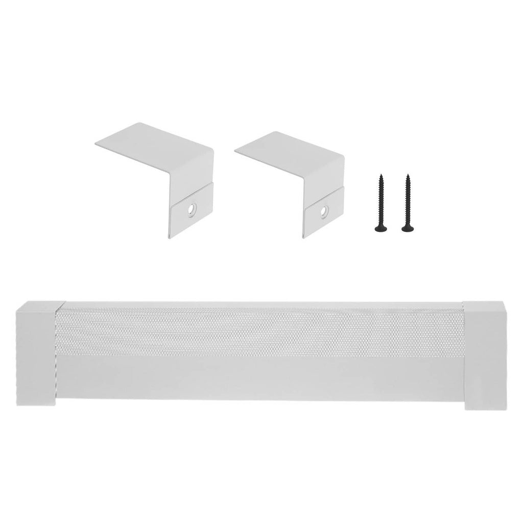 White baseboard heater cover with two support brackets and mounting screws