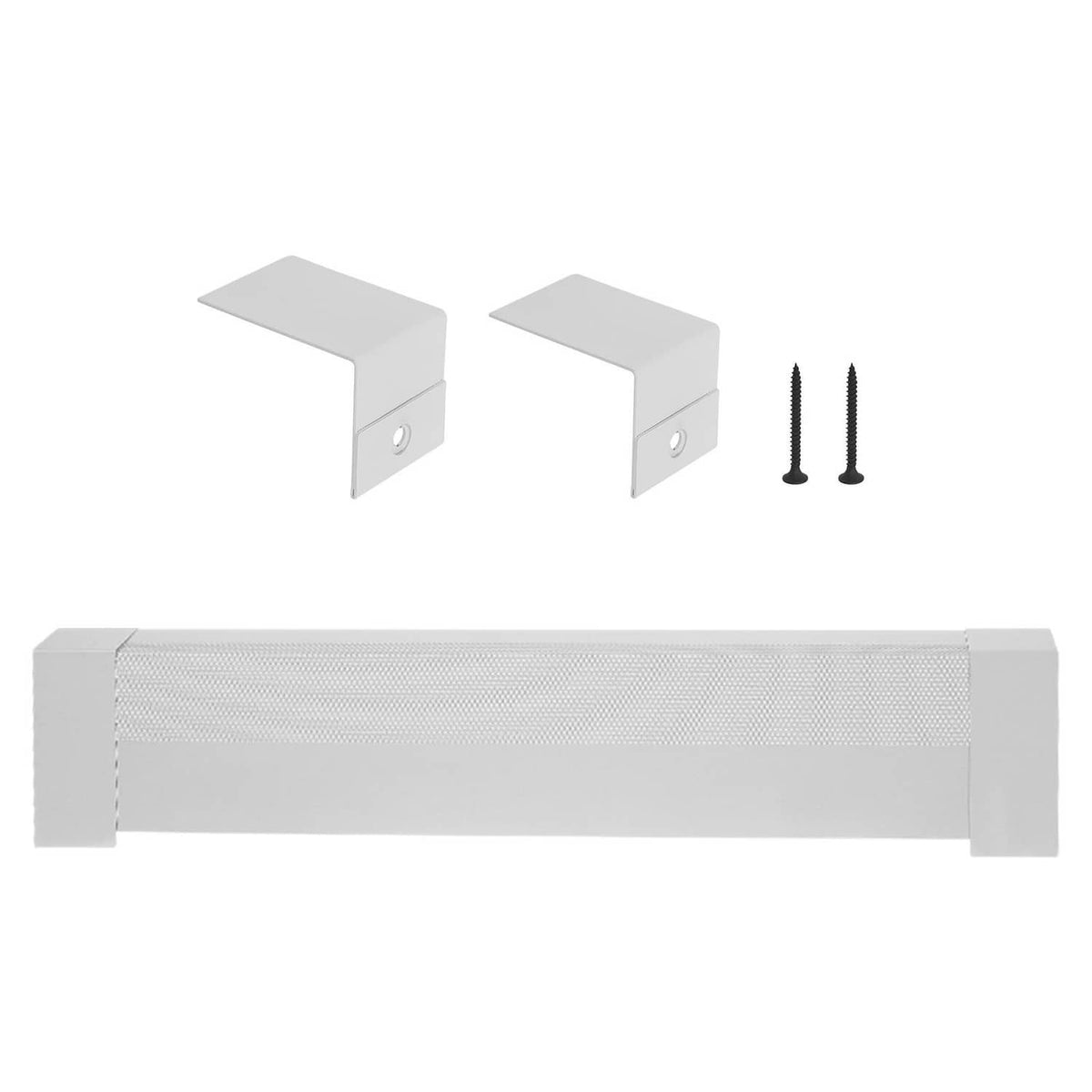 White baseboard heater cover with two support brackets and mounting screws