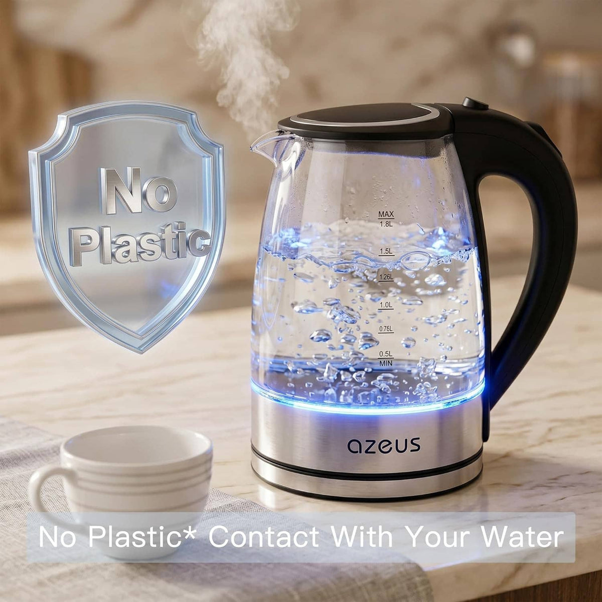 Electric glass kettle with blue-lit water level, black handle, steam rising on countertop