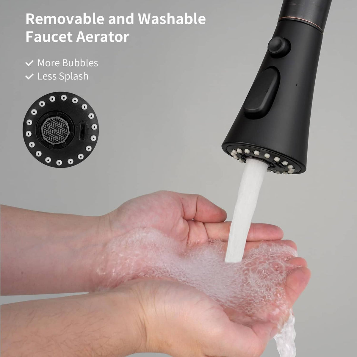 Matte black removable faucet aerator head with hand rinsing water flow