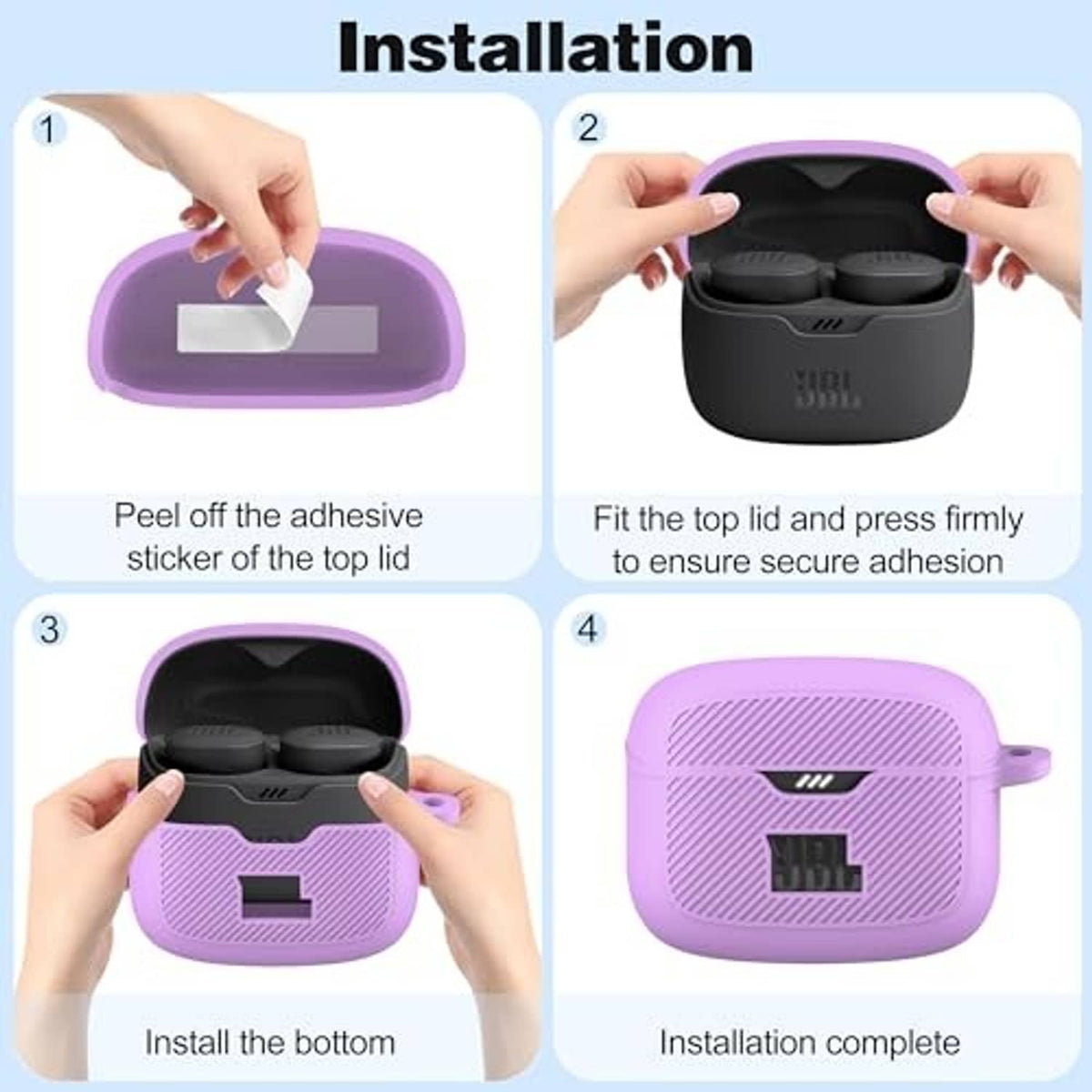 Purple silicone earbuds case installation shown, adhesive sticker removed and bottom fitted