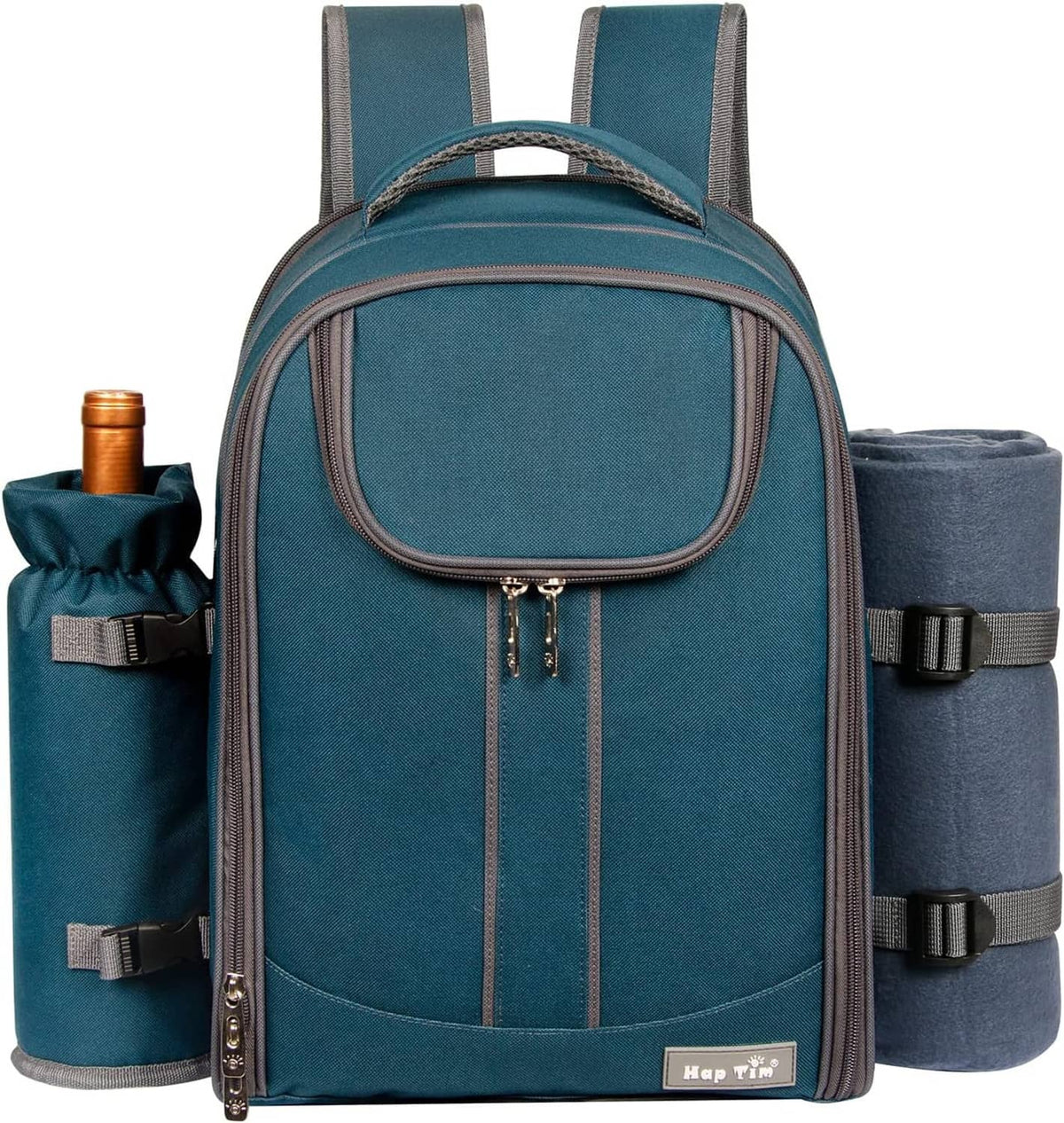 Teal picnic backpack front view with zipper pocket and side bottle holder compartments