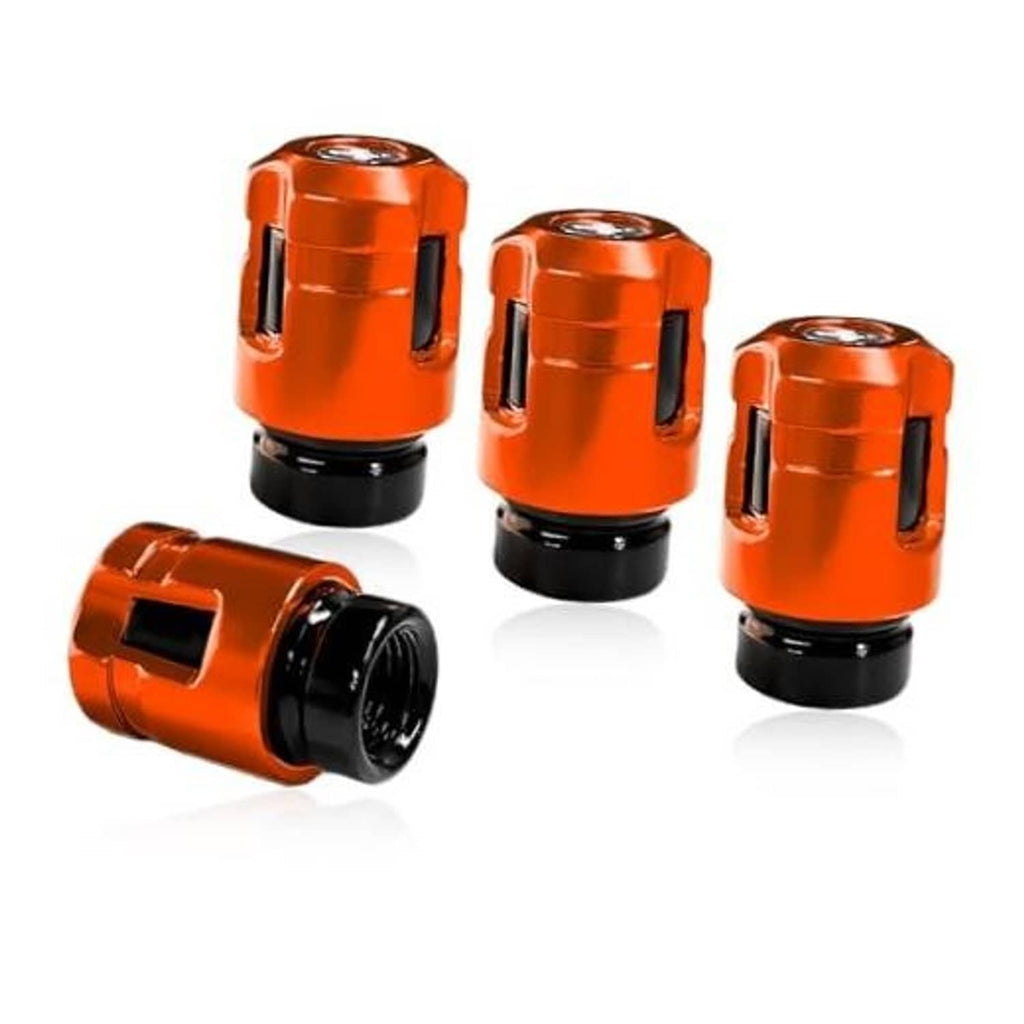 Set of 4 orange aluminum tire valve stem caps with black base, unique top shape