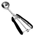 Black-handled stainless steel cookie scoop with spring release trigger