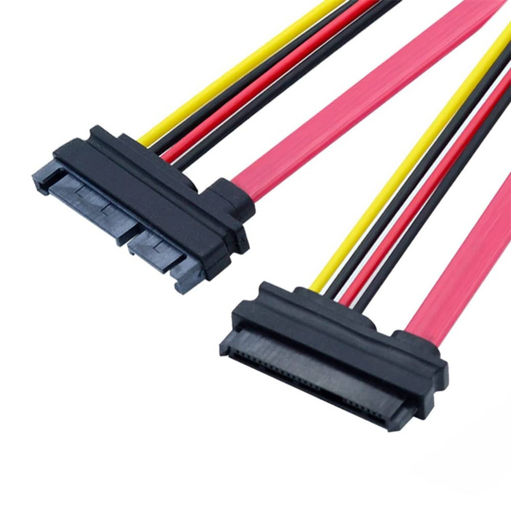 Close-up of black SAS 29-pin and SATA 22-pin connector ends on multicolor cable