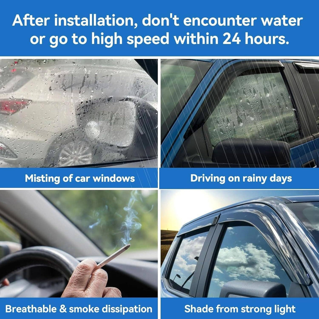 Car door window with black rain guard visors; water beads on the glass