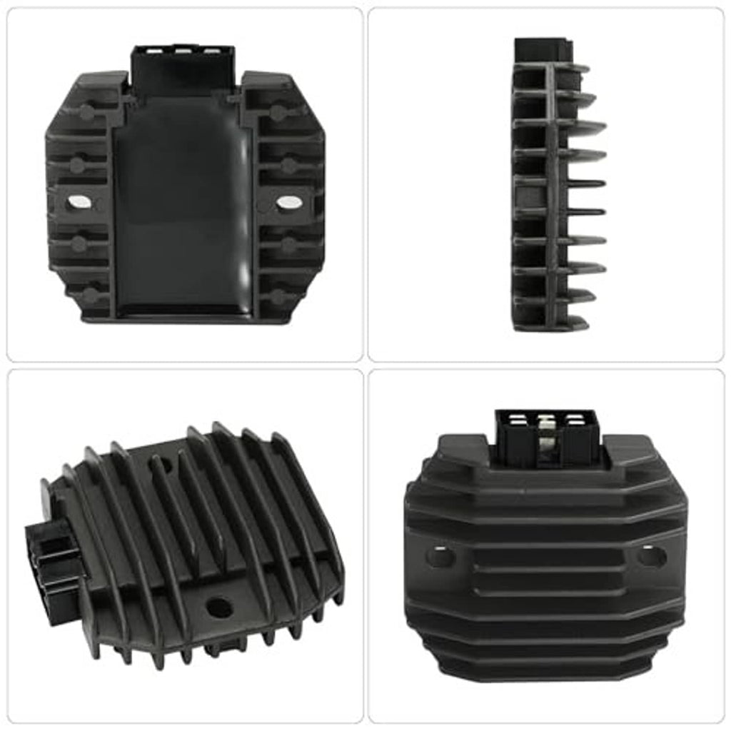 Voltage regulator rectifier with cooling fins, mounting holes, and top multi-pin connector
