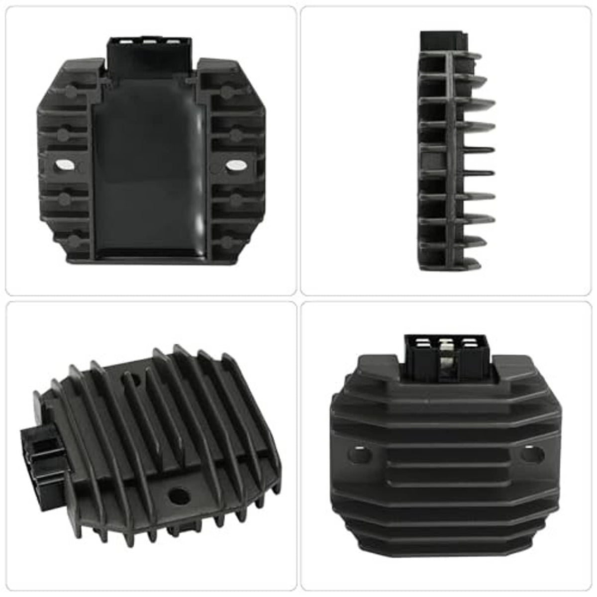 Voltage regulator rectifier with cooling fins, mounting holes, and top multi-pin connector