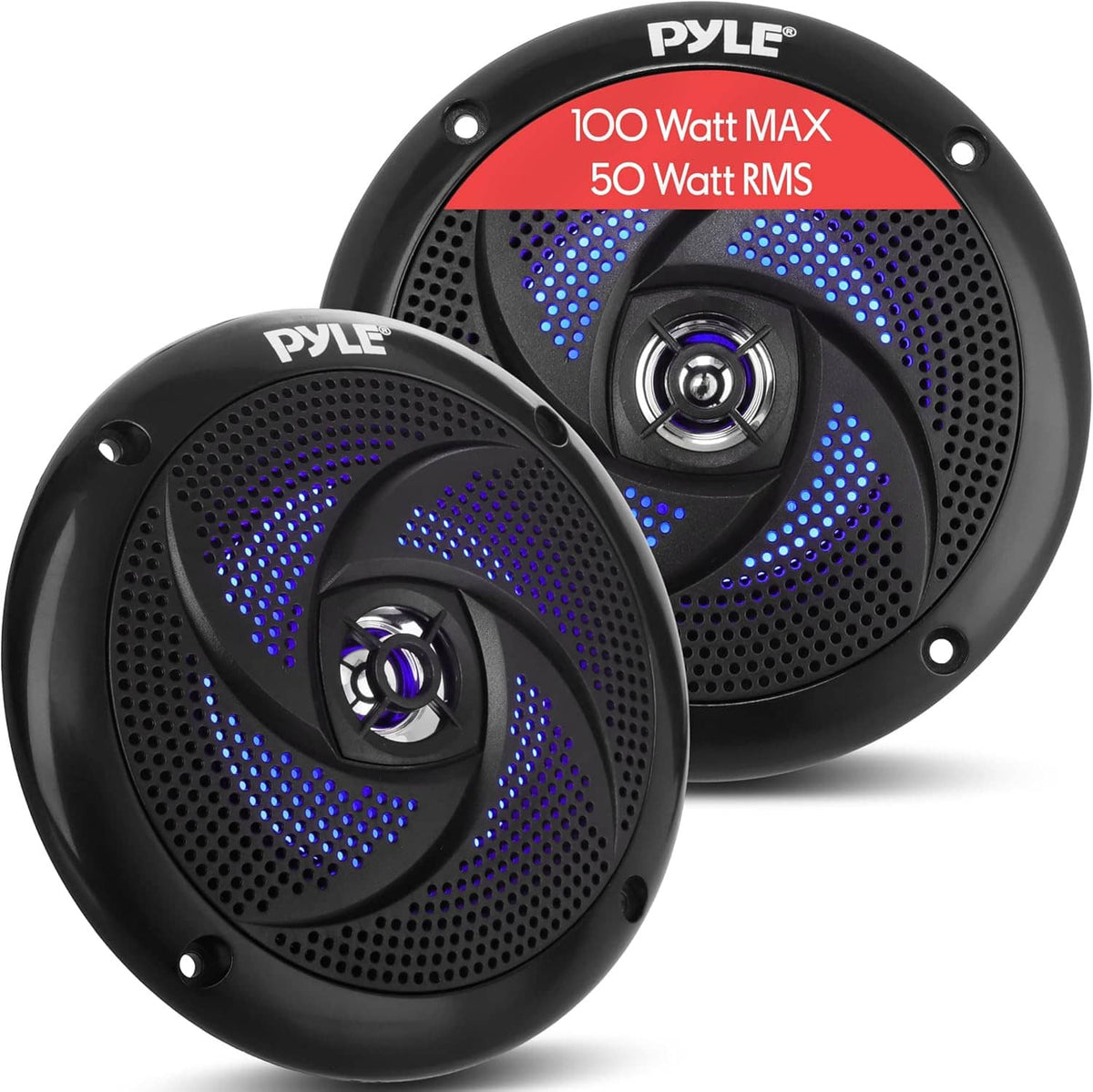 Pair of black 4-inch marine 2-way speakers with blue LED illuminated rings and grille