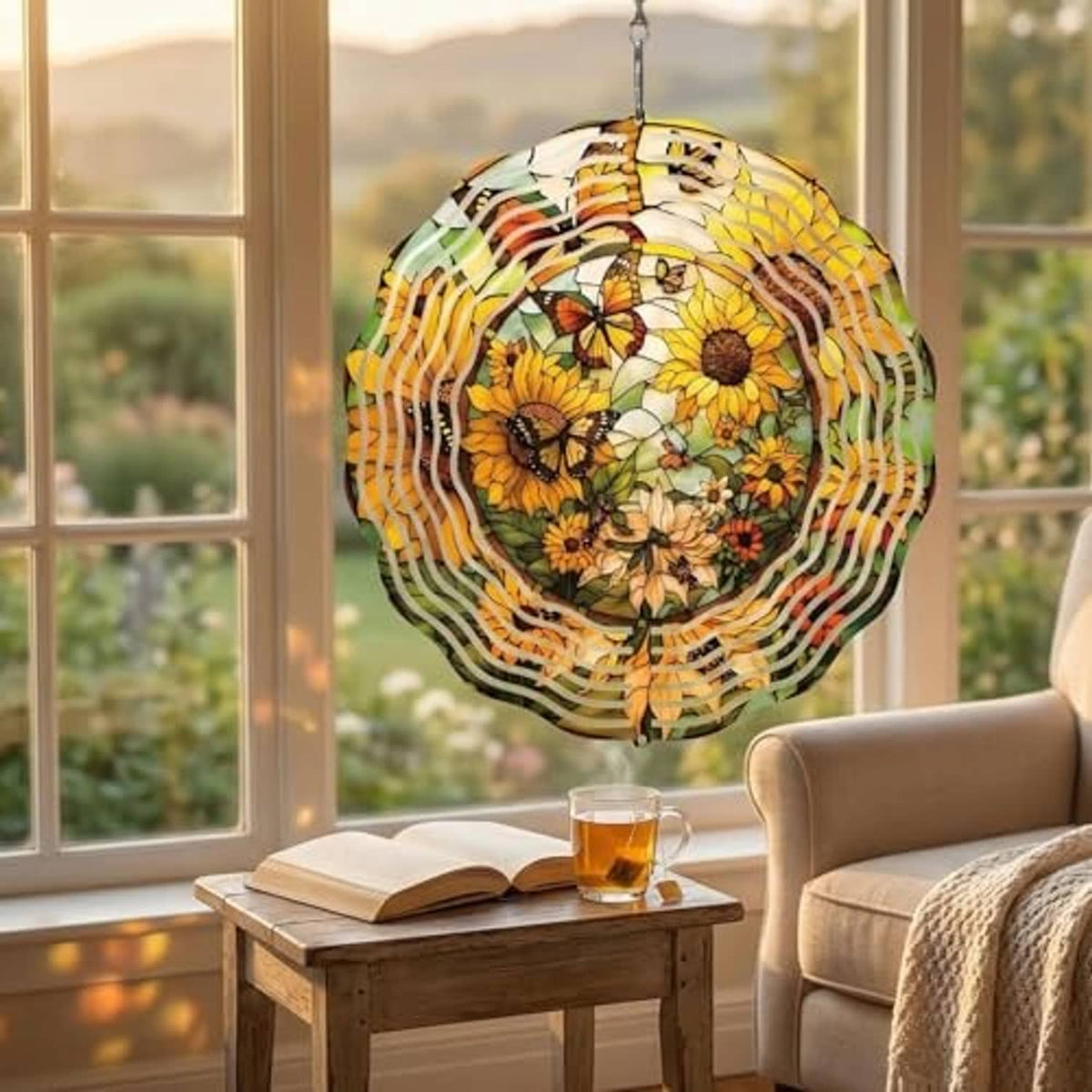 Hanging metal wind spinner with sunflower and butterfly floral print and circular metal rings