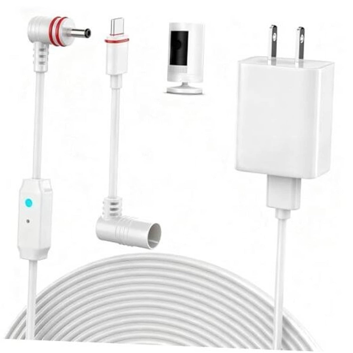 White 25ft power cord with DC plug adapter and inline charging module