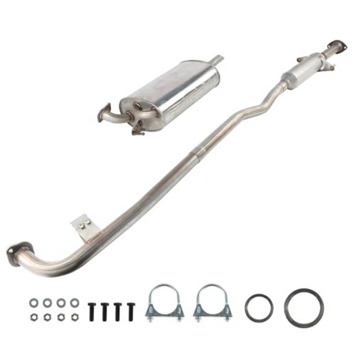 Exhaust muffler and resonator pipe kit set with rings, clamps, and gaskets