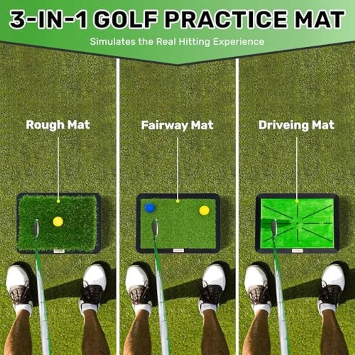 3-in-1 golf practice mat with three green turf areas on a black base