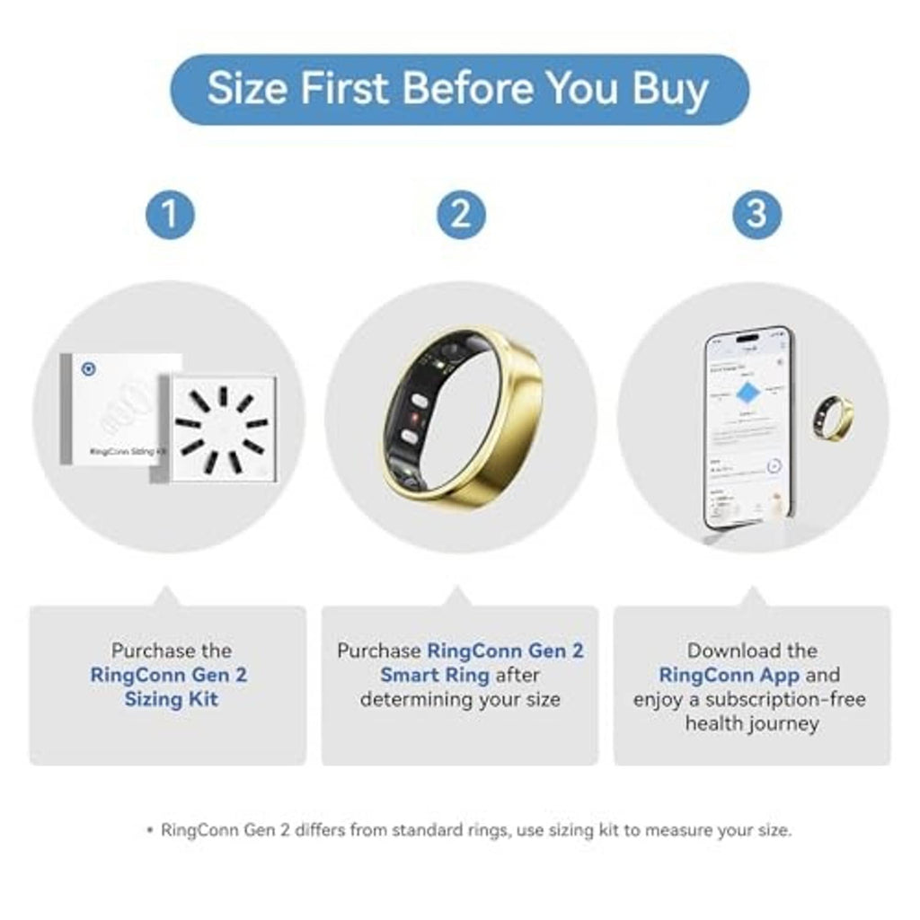 Smart ring sizing guide showing gold ring and phone app for selecting size