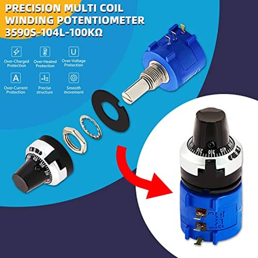 Blue wirewound multi-turn potentiometer with black adjustment knob and metal shaft